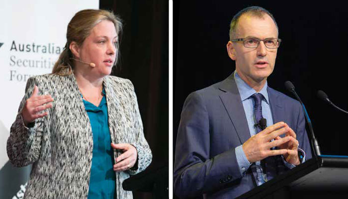 (Top) Assistant Governor (Economic) Luci Ellis speaking at an Infrastructure Partnerships Australia Leaders' Luncheon, Sydney, June 2018; (above left) Head of Domestic Markets Department Marion Kohler speaking at the Australian Securitisation Forum, Sydney, November 2017; (above right) Assistant Governor (Financial Markets) Christopher Kent speaking at the Debt Capital Markets Summit, Sydney, March 2018