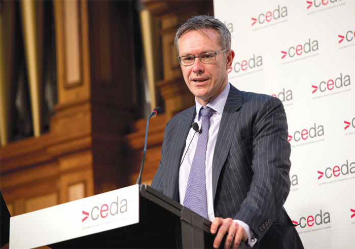 (Top, from left) Assistant Governor (Financial System) Michele Bullock, Deputy Governor Guy Debelle, Governor Philip Lowe and Assistant Governor (Economic) Luci Ellis at a hearing of the House of Representatives Standing Committee on Economics, Sydney, February 2018; (above) Deputy Governor Guy Debelle addresses the CEDA Mid-year Economic Update, Adelaide, July 2017