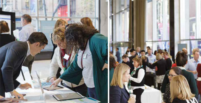 (Left) Public Education Officer Mitchel De Los Mozos shows teachers the Bank's new education resources, June 2018; (right) teachers gather in the Bank's Head Office foyer at the second annual Teacher Immersion Event, Sydney, June 2018