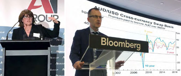 (left) Assistant Governor (Financial System) Michele Bullock addresses an Ai
										Group lunch in Albury, NSW, September 2018; (top right) Assistant Governor
										(Financial Markets) Christopher Kent addressed a Bloomberg conference, December
										2018; 