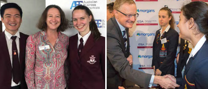 (left) Head of Economic Analysis Alexandra
										Heath (centre) with students from Fort Street High School at the ABE Forecasting
										Conference, February 2019; (right) Governor Philip Lowe at an Economic
										Society Lunch, May 2019