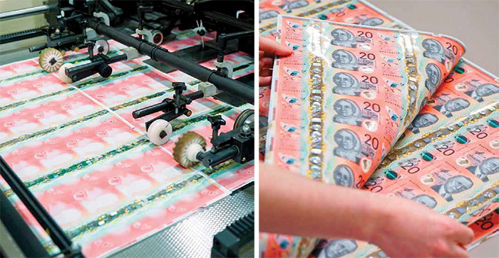 (Left) The new $20 banknotes in production, February 2019; (Right)
										sheets of the new $20 banknotes, February 2019; 