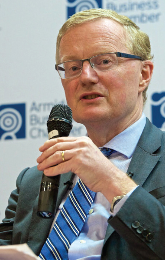 (right) Governor Philip Lowe addresses the Armidale Business Chamber, September 2019