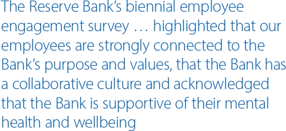 The Reserve Bank's biennial employee engagement survey … highlighted that our employees are strongly connected to the Bank's purpose and values, that the Bank has a collaborative culture and acknowledged that the Bank is supportive of their mental health and wellbeing
