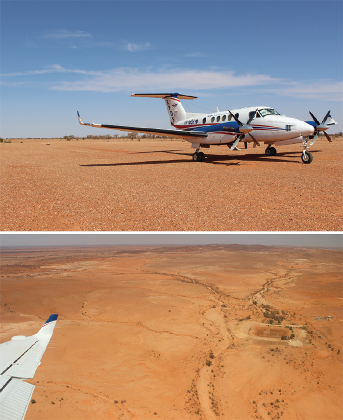 (Top) A Royal Flying Doctor Service plane photographed at a visit to the Broken Hill base in celebration of Reverend John Flynn's inclusion on the new $20 banknote, October 2019; (above) Flying over The Veldt Station, which is featured in the design of the new $20 banknote, October 2019