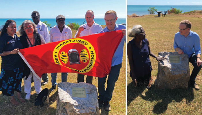 (Above left) Susan Moylan-Coombs (second from left), Philip Gaetjens (second from right), Governor Philip Lowe (right) and representatives of the Rirratjingu Aboriginal Corporation hold the corporation's flag beside a plaque dedicated to the Reserve Bank's first Governor, Dr HC ‘Nugget’ Coombs, Darwin, July 2019; (above right) Governor Philip Lowe (right) with Banduk Marika AO after the unveiling of the plaque, Darwin, July 2019