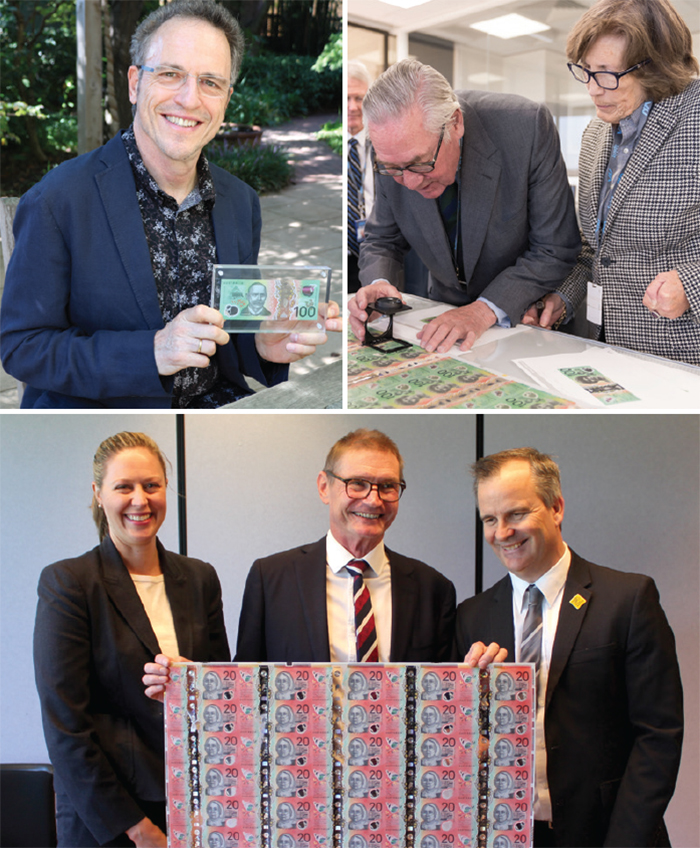 (Top left) Michael Bennett holding the new $100 banknote, which features his great-grandfather, Sir John Monash, February 2020; (top right) Lord Samuel Vestey and Lady Celia Vestey examining the new $100 banknote, which features Lord Vestey's great-grandmother, Dame Nellie Melba, October 2019; (above) Victoria Pymm and Assistant Governor (Business Services) Lindsay Boulton with Vision Australia's Chris Edwards celebrating the launch of the new $20 banknote, Melbourne, October 2019