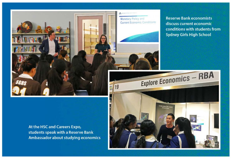 Reserve Bank economists discuss current economic conditions with students from Sydney Girls High School. At the HSC and Careers Expo, students speak with a Reserve Bank Ambassador about studying economics