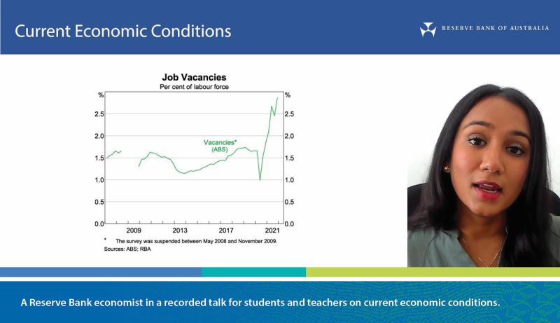 A Reserve Bank economist in a recorded talk for students and teachers on current economic conditions.