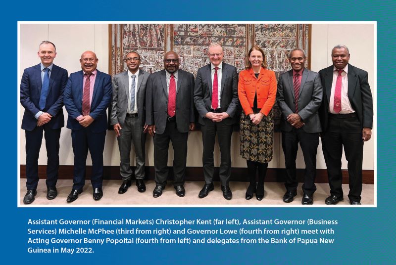 Assistant Governor (Financial Markets) Christopher Kent (far left), Assistant Governor (Business Services) Michelle McPhee (third from right) and Governor Philip Lowe (fourth from right) meet with Acting Governor Benny Popoitai (fourth from left) and delegates from the Bank of Papua New Guinea in May 2022.