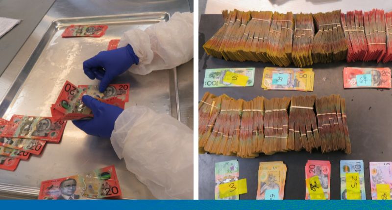 Image 1 shows piles of $20 notes on a tray that are being counted by a person wearing protective clothing, including gloves. Image 2 shows bundles of notes in various denominations of 5, 10, 20, 50 and 100s.