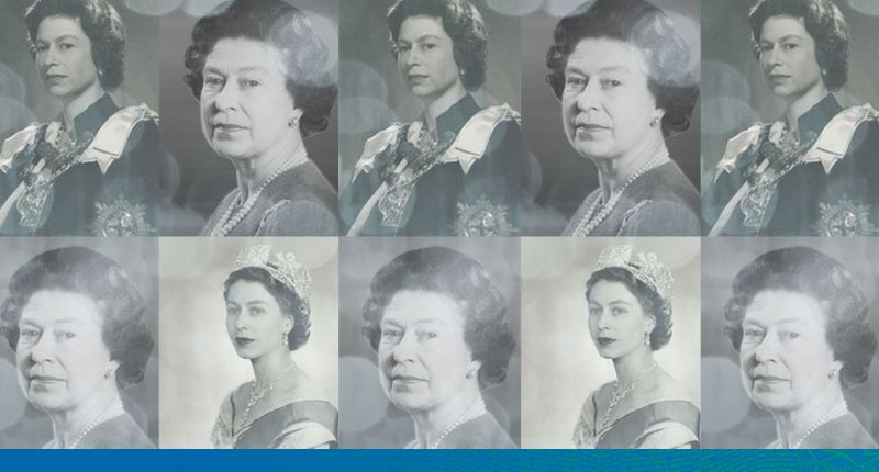A photo grid of 10 images with three different black and white portraits of the Queen.