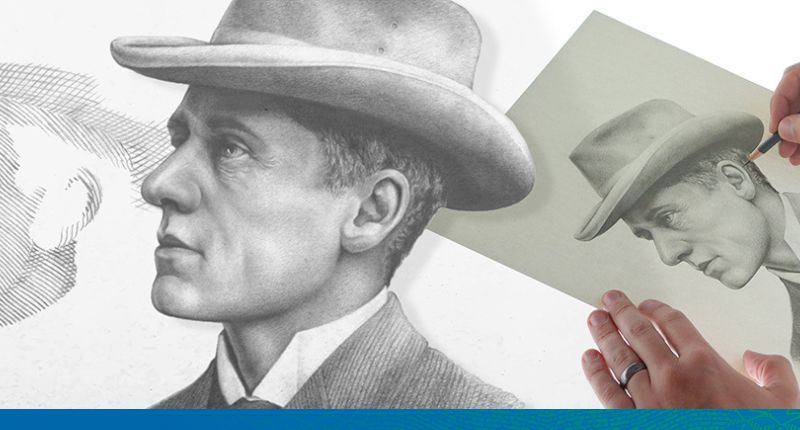 A composition showing a tonal drawing of a portrait of Banjo Paterson. On the right-hand side, the artist is working with a pencil on paper to create the image.