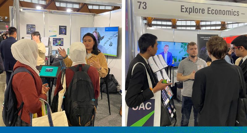 Two panel photo showing students in discussion with Bank representatives at the ‘Explore Economics’ stand.
