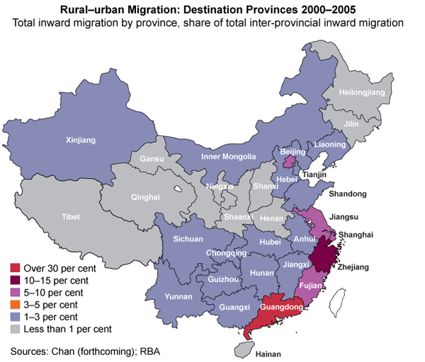 Figure 2: Rural–urban Migration: Destination Provinces 2000–2005