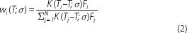 Equation 2: Intuitive description: – The weights assigned to individual observations are determined as the product of the bond''s face-value and a kernel function. The kernel function takes two parameters; the first parameter is the distance between the bond''s residual maturity and the target tenor and the second parameter is the smoothing parameter, sigma. The products of the kernel function and the bond face value are rescaled by the sum of the products for all observations so that the weights sum to one. Literal description – w subscript i open parenthesis T semicolon sigma close parenthesis equals K open parenthesis T subscript i minus T semicolon sigma close parenthesis F subscript i, divided by the sum from j equals 1 to N of K open parenthesis T subscript j minus T semicolon sigma close 
                                        parenthesis F subscript j.