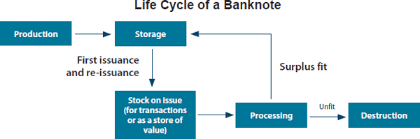 Figure 1: Life Cycle of a Banknote. This figure shows the lifecycle of a banknote. The life of a banknote begins with its production. Banknotes are then stored until being first issued into circulation. When the supply of banknotes on issue exceeds the public's demand, banknotes are returned to the Bank for processing. Fit banknotes are placed in storage to be re-issued at a later time, whereas banknotes that have deteriorated and become unfit are destroyed by the Bank.