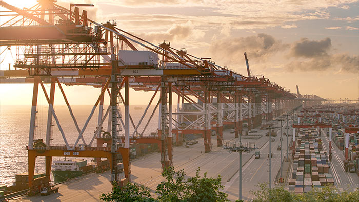 Early morning mood at a maritime container loading facility