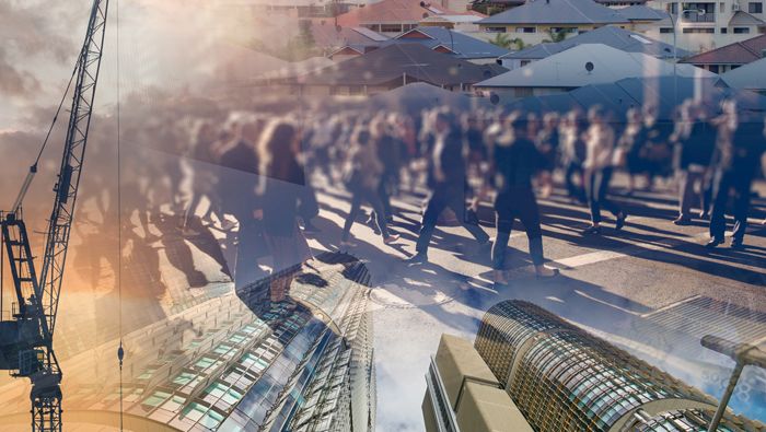 Pedestrians crossing a street are superimposed over a crane, skyscrapers and free-standing houses.