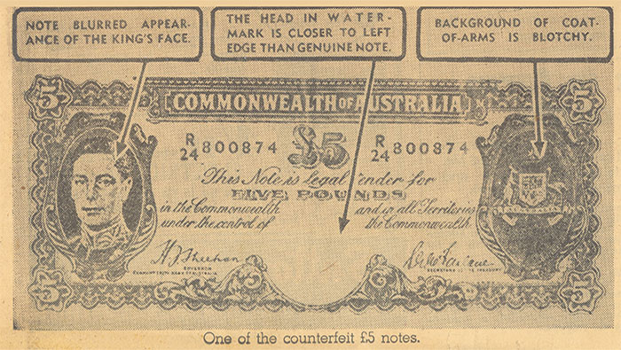 Five dollar note with three tips on how to determine it is a fake banknote.