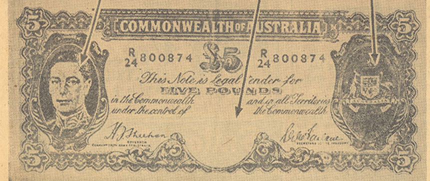 Five dollar note with three tips on how to determine it is a fake banknote.