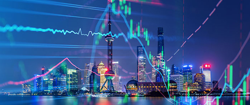 Colourful graphs overlay the illuminated night skyline of Shanghai.