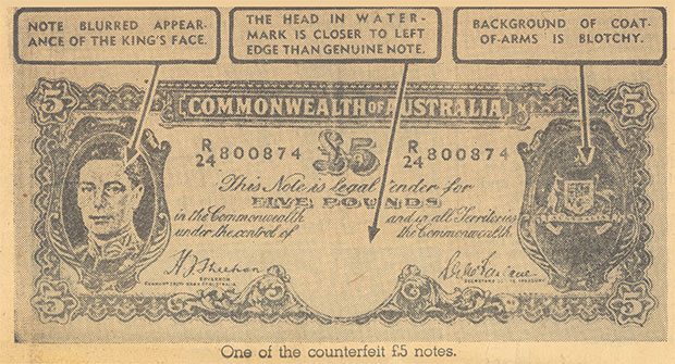 Figure 1: Five dollar note with three tips on how to determine it is a fake banknote.