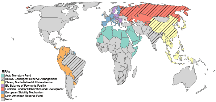 World map showing which countries belong to the various RFAs. See footnote for links to memberships.