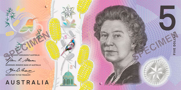 Image of second polymer series five dollar note