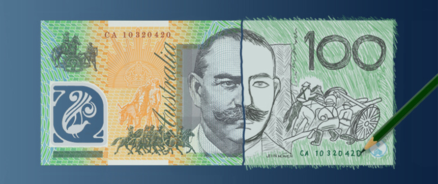 $100 banknote cut in half. The left side is a genuine banknote. The right side is hand drawn using a green pencil and represents a counterfeit.