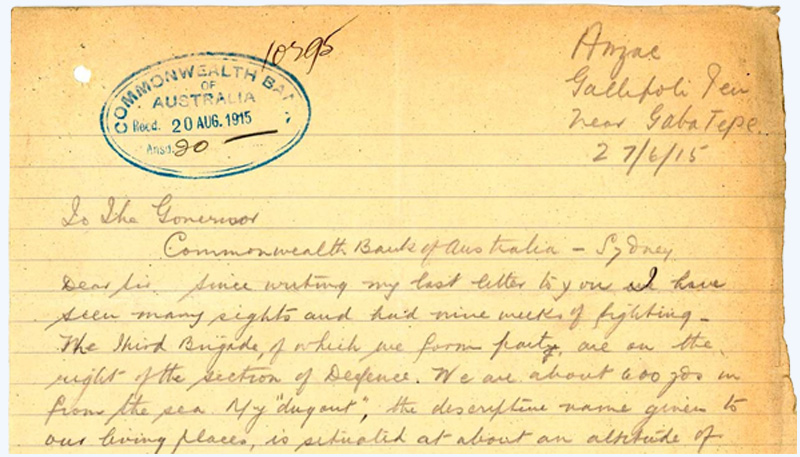 Photo showing the start of a letter from Ernest Hilmer Smith to Governor Denison Miller. It is written in cursive writing on lined paper that has aged over time. The letter is dated 27 June 1915. A date stamp at the top left corner shows that the letter was received by the Commonwealth Bank on 20 August 1915.