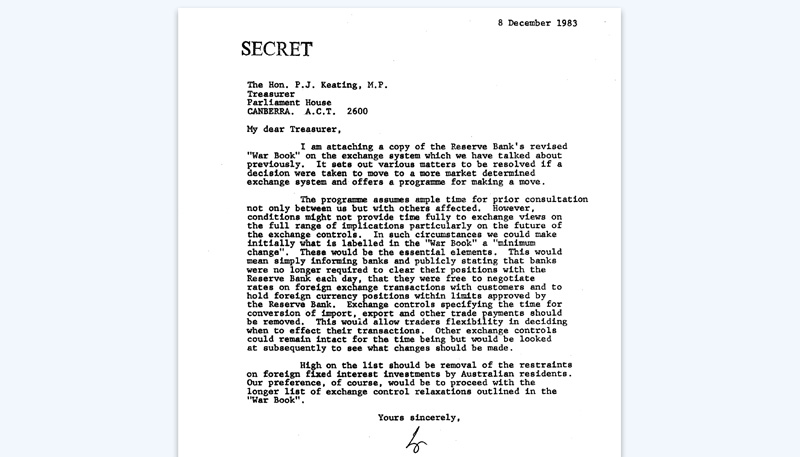 Photo of a typed letter marked as ‘Secret’ to the then Treasurer by the then RBA Governor.