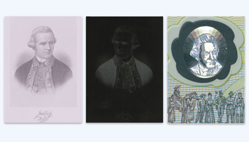 Photo with 3 images of James Cook. From left, these images are a black and white drawing of James Cook, a reversed image in black of the drawing, and a hologram of how the image appeared in the commemorative $10 note.