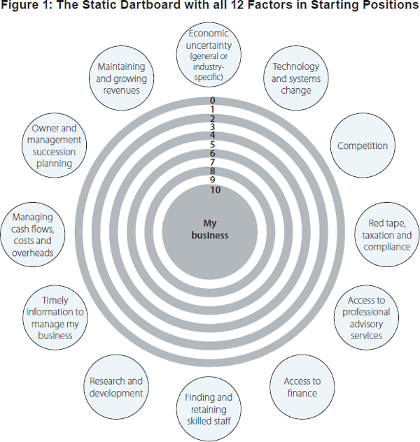 Figure 1: The Static Dartboard with all 12 Factors in Starting Positions