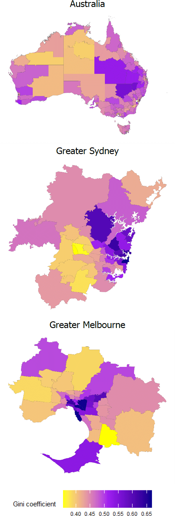 Figure 1: Income Inequality Gini Coefficient map within each Statistical Area 3 for Australia, Greater Sydney and Greater Melbourne in 2018. Details described in discussion paper.