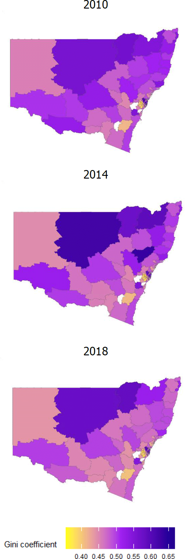 Figure 2: Income Inequality Gini Coefficient map within each Statistical Area 3 for NSW in 2010, 2014 and 2018. Details described in discussion paper.
