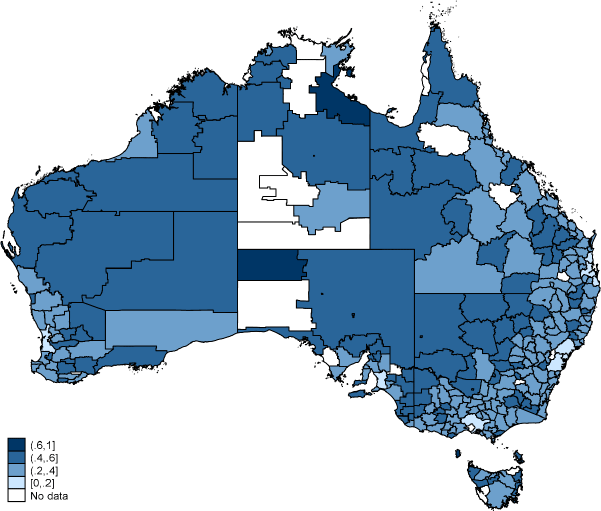 Figure A2: Unweighted average employment HHI for 2005-2016, by working zone - This chart shows a map of Australia, broken into the working zones shown used in this paper. The working zones are coloured based on the degree of concentration in the market. The key message is that areas around capital city are less concentrated (as indicated by lighter colours).