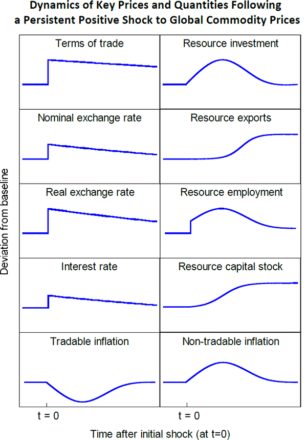 Figure 3: Dynamics of Key Prices and Quantities Following a Persistent Positive Shock to Global Commodity Prices