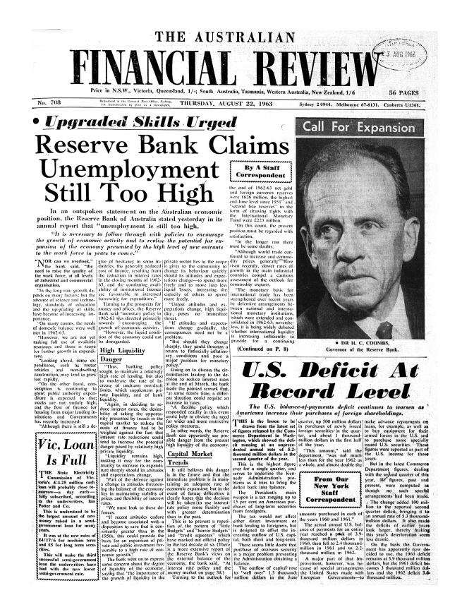 Figure 1: Front page of The Australian Financial Review, 22 August 1963